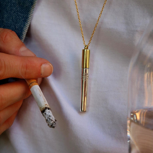secret stash cigarette necklace – lifestyle shot, Taylor Snift gold jewelry