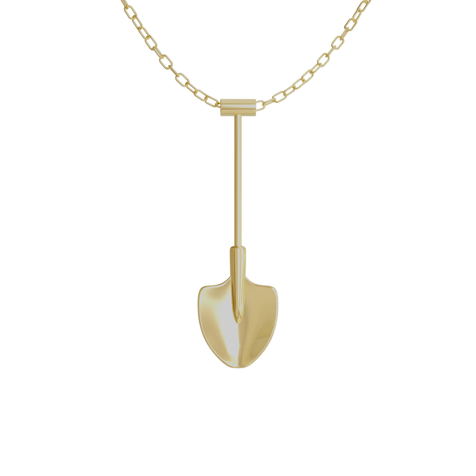 Spade In Chelsea Gold – gold shovel necklace, front view on chain
