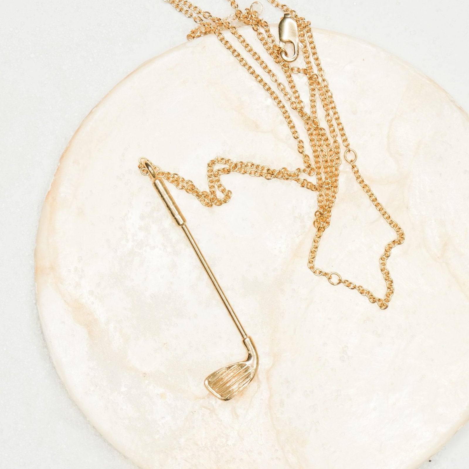 front view of Who's Your Caddy Gold – gold golf club spoon necklace on chain 