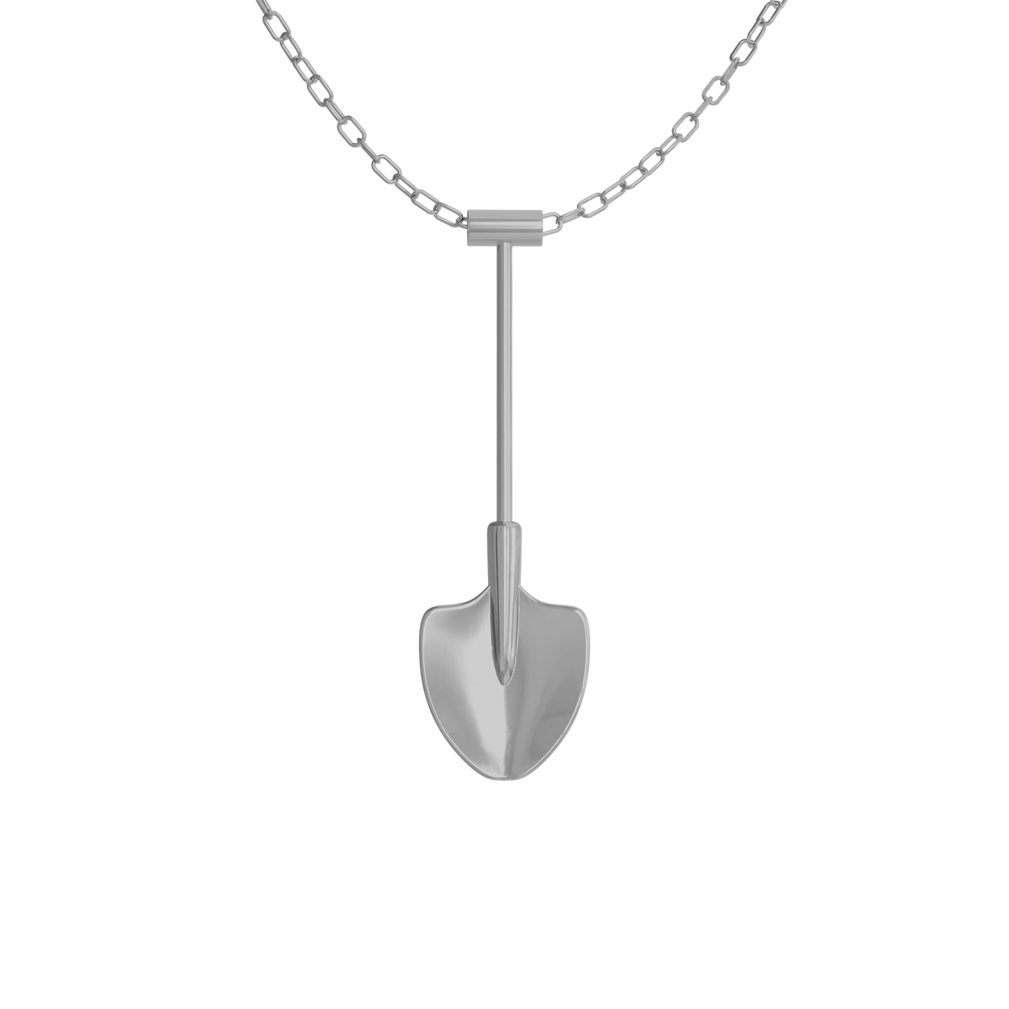 Spade In Chelsea – silver shovel necklace, front view
