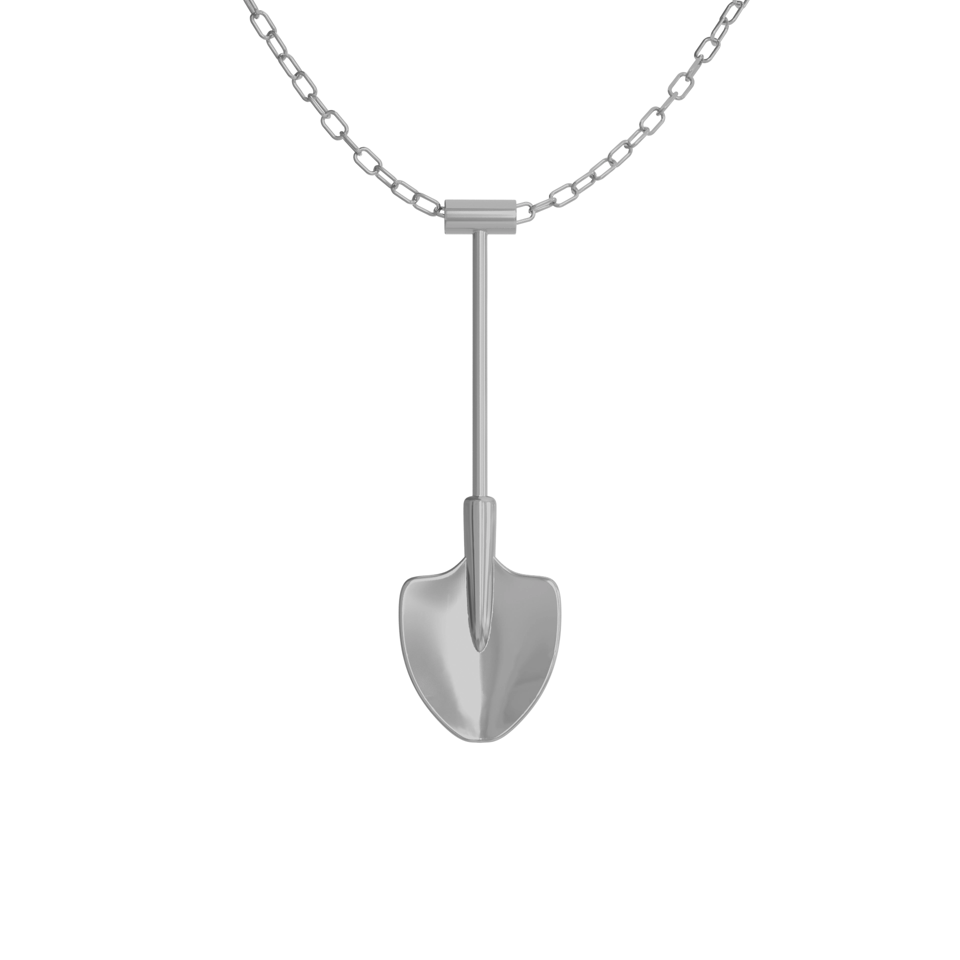 Spade In Chelsea – silver shovel necklace, front view
